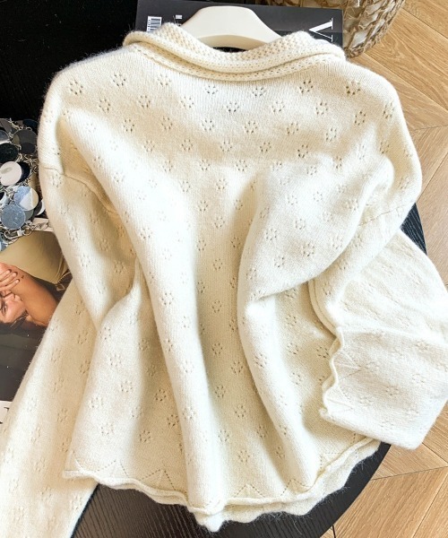 AMAJI(アマジ)の「ビッグカラー クロシェ編み ニットカーディガン(カーディガン/ボレロ・レディース・グレー/ライトピンク/イエロー/ホワイト・FREE)」の5枚目の写真