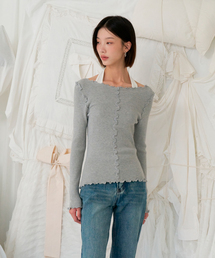 ビスコースフリルボートネック刺繍入りリバースニット（グレー）