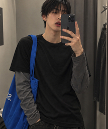 ボーダースリーブレイヤード長袖Tシャツ[ブラック]