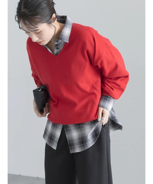 Te chichi(テチチ)の「【帯電防止/マシンウォッシャブル】Vネックプルオーバー(ニット/セーター・レディース・トップグレー/ベージュ系その他/レッド・F)」の4枚目の写真