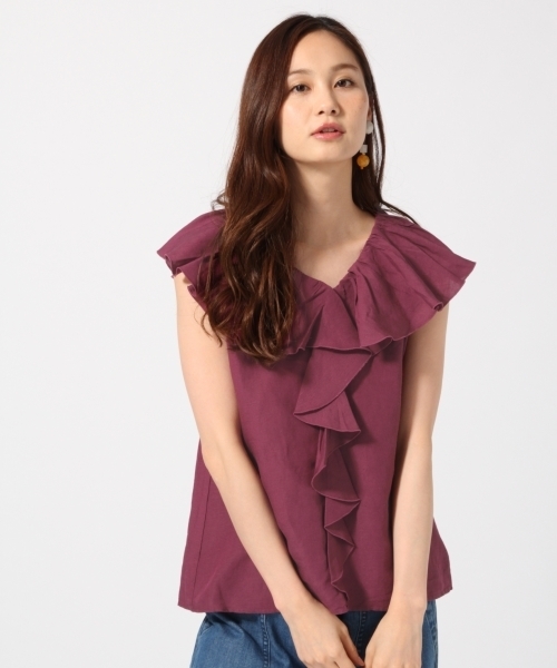 GLOBAL WORK（グローバルワーク）の「リネンレーヨンラッフルブラウスノースリーブ/759559（シャツ/ブラウス・レディース・パープル/ホワイト/ブラウン/ブラック・LARGE/MEDIUM）」の4枚目の写真