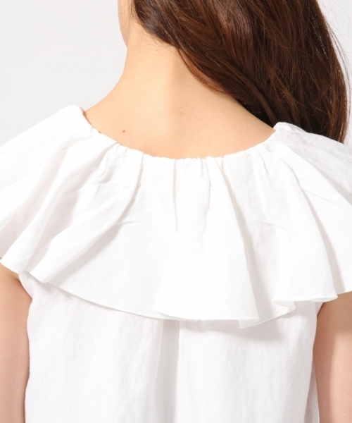 GLOBAL WORK（グローバルワーク）の「リネンレーヨンラッフルブラウスノースリーブ/759559（シャツ/ブラウス・レディース・パープル/ホワイト/ブラウン/ブラック・LARGE/MEDIUM）」の7枚目の写真