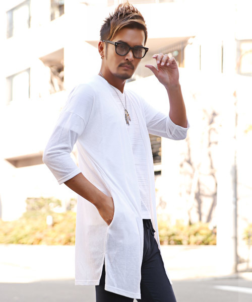LUXSTYLE（ラグスタイル）の「麻混カラーニットソーロングカーディガン（カーディガン/ボレロ・メンズ・ホワイト/ブラック/ベージュ/ネイビー/カーキ/杢グレー/テラコッタ/ブラウン/スモークピンク/モカ/ブルーグレー/グリーン系その他/チャコール・M/L）」の2枚目の写真