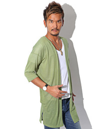 麻混カラーニットソーロングカーディガン