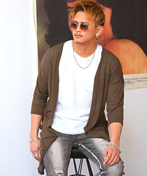 LUXSTYLE（ラグスタイル）の「麻混カラーニットソーロングカーディガン（カーディガン/ボレロ・メンズ・ホワイト/ブラック/ベージュ/ネイビー/カーキ/杢グレー/テラコッタ/ブラウン/スモークピンク/モカ/ブルーグレー/グリーン系その他/チャコール・M/L）」の6枚目の写真