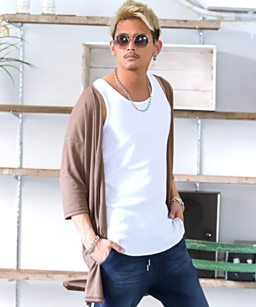 LUXSTYLE（ラグスタイル）の「麻混カラーニットソーロングカーディガン（カーディガン/ボレロ・メンズ・ホワイト/ブラック/ベージュ/ネイビー/カーキ/杢グレー/テラコッタ/ブラウン/スモークピンク/モカ/ブルーグレー/グリーン系その他/チャコール・M/L）」の7枚目の写真