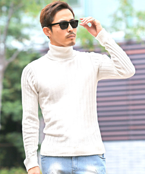 LUXSTYLE(ラグスタイル)の「リブタートルネックニットセーター(ニット/セーター・メンズ・ホワイト/ブラック/レッド/杢グレー・M/L/XL)」の1枚目の写真