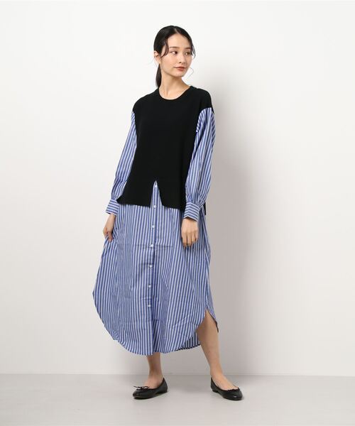 INTERPLANET（インタープラネット）の「ストライプシャツレイヤード風ワンピース（ワンピース・レディース・モカ/ブラック/オフホワイト・FREE）」の2枚目の写真