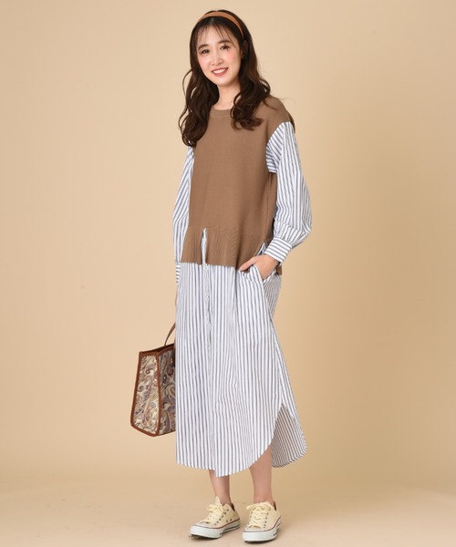 INTERPLANET（インタープラネット）の「ストライプシャツレイヤード風ワンピース（ワンピース・レディース・モカ/ブラック/オフホワイト・FREE）」の3枚目の写真