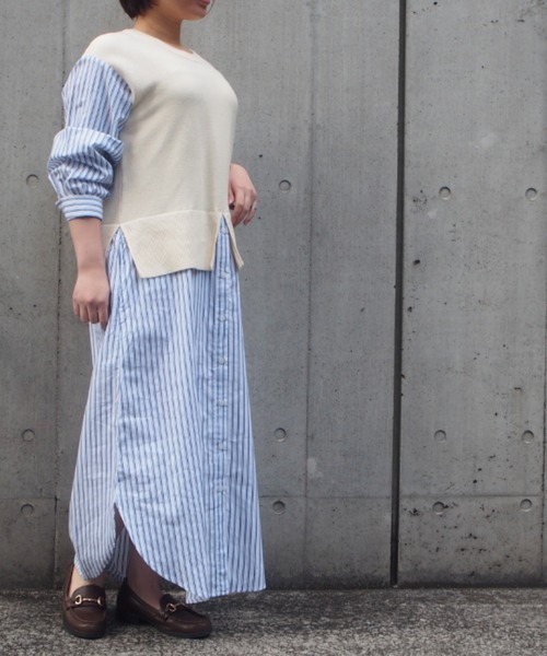 INTERPLANET（インタープラネット）の「ストライプシャツレイヤード風ワンピース（ワンピース・レディース・モカ/ブラック/オフホワイト・FREE）」の12枚目の写真