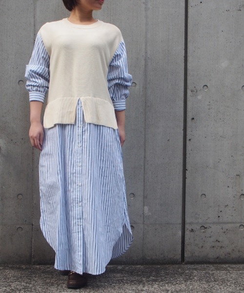 INTERPLANET（インタープラネット）の「ストライプシャツレイヤード風ワンピース（ワンピース・レディース・モカ/ブラック/オフホワイト・FREE）」の11枚目の写真