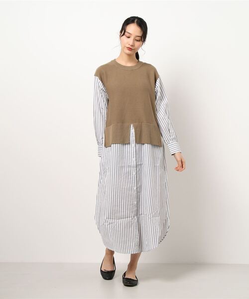 INTERPLANET（インタープラネット）の「ストライプシャツレイヤード風ワンピース（ワンピース・レディース・モカ/ブラック/オフホワイト・FREE）」の16枚目の写真