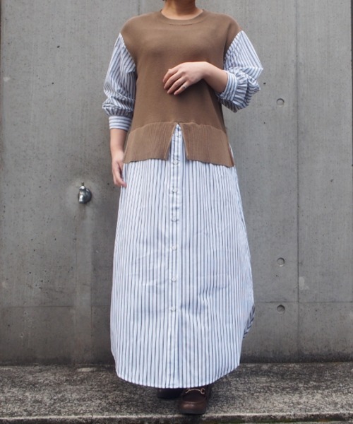 INTERPLANET（インタープラネット）の「ストライプシャツレイヤード風ワンピース（ワンピース・レディース・モカ/ブラック/オフホワイト・FREE）」の14枚目の写真