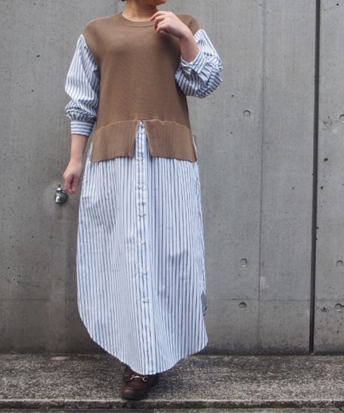 INTERPLANET（インタープラネット）の「ストライプシャツレイヤード風ワンピース（ワンピース・レディース・モカ/ブラック/オフホワイト・FREE）」の17枚目の写真