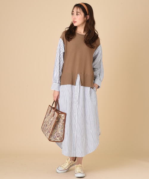 INTERPLANET（インタープラネット）の「ストライプシャツレイヤード風ワンピース（ワンピース・レディース・モカ/ブラック/オフホワイト・FREE）」の7枚目の写真