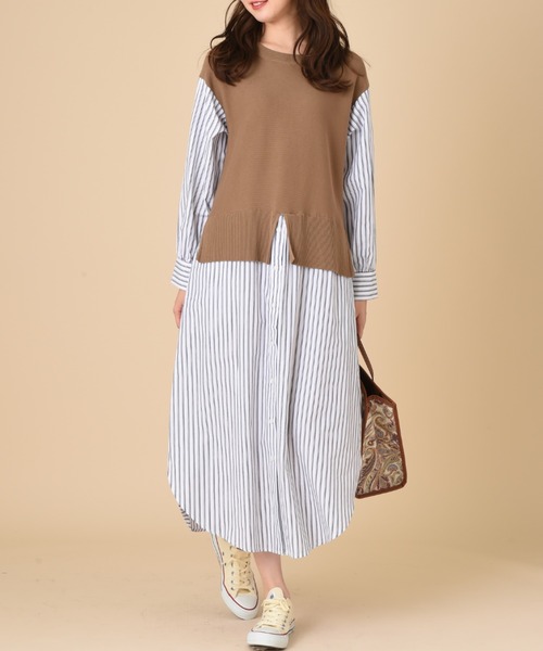 INTERPLANET（インタープラネット）の「ストライプシャツレイヤード風ワンピース（ワンピース・レディース・モカ/ブラック/オフホワイト・FREE）」の6枚目の写真