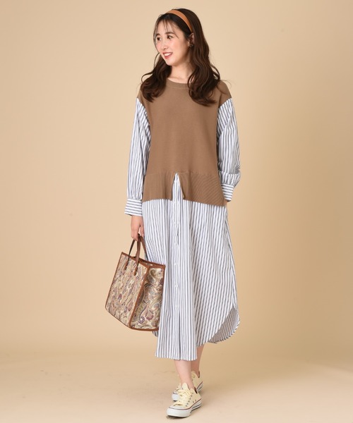 INTERPLANET（インタープラネット）の「ストライプシャツレイヤード風ワンピース（ワンピース・レディース・モカ/ブラック/オフホワイト・FREE）」の8枚目の写真