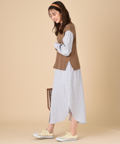 INTERPLANET（インタープラネット）の「ストライプシャツレイヤード風ワンピース（ワンピース・レディース・モカ/ブラック/オフホワイト・FREE）」の9枚目の写真