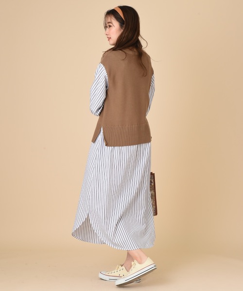 INTERPLANET（インタープラネット）の「ストライプシャツレイヤード風ワンピース（ワンピース・レディース・モカ/ブラック/オフホワイト・FREE）」の10枚目の写真