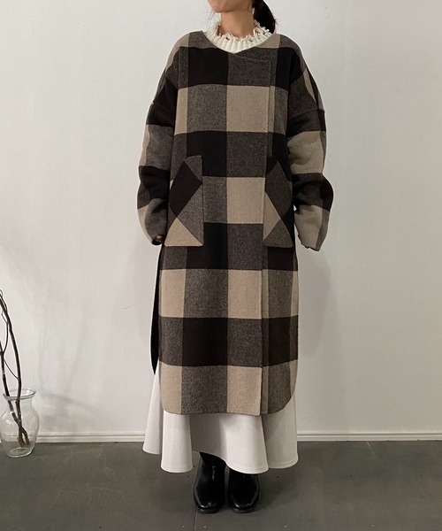 CAPRICIEUX LE'MAGE（カプリシューレマージュ）の「チェックリバノーカラーコート（ノーカラーコート・レディース・ブラック/ブラウン・FREE）」の9枚目の写真