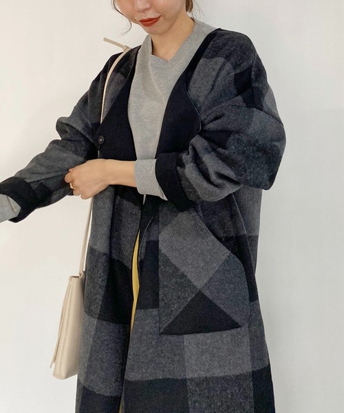 CAPRICIEUX LE'MAGE（カプリシューレマージュ）の「チェックリバノーカラーコート（ノーカラーコート・レディース・ブラック/ブラウン・FREE）」の4枚目の写真