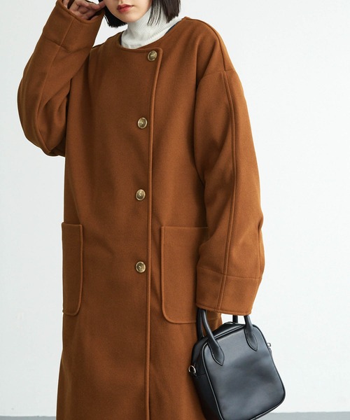 セール】ノーカラーオーバーサイズロングコート（ノーカラーコート