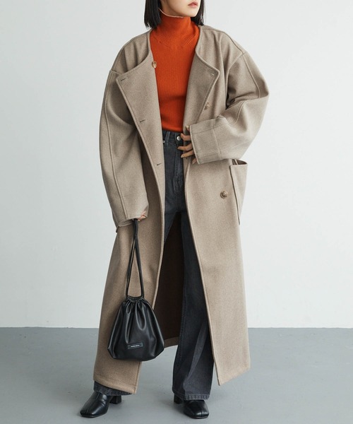 セール】ノーカラーオーバーサイズロングコート（ノーカラーコート