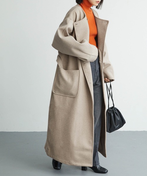 セール】ノーカラーオーバーサイズロングコート（ノーカラーコート