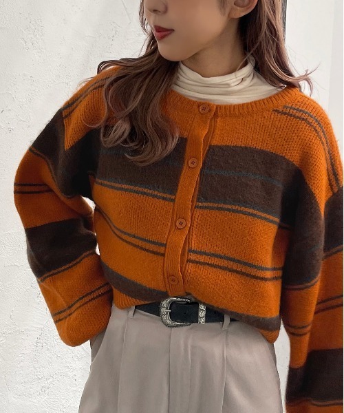 apres jour mignon(アプレジュールミニョン)の「2WAYマルチボーダーニット【ZOZOTOWN限定アイテム】(ニット/セーター・レディース・ダークグリーン/マスタード/パープル系その他/オレンジ系その他・X-LARGE/フリー)」の4枚目の写真