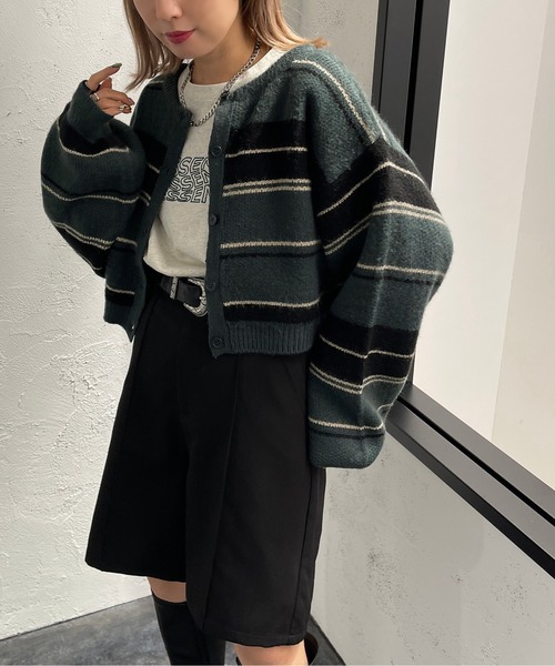apres jour mignon(アプレジュールミニョン)の「2WAYマルチボーダーニット【ZOZOTOWN限定アイテム】(ニット/セーター・レディース・ダークグリーン/マスタード/パープル系その他/オレンジ系その他・X-LARGE/フリー)」の2枚目の写真