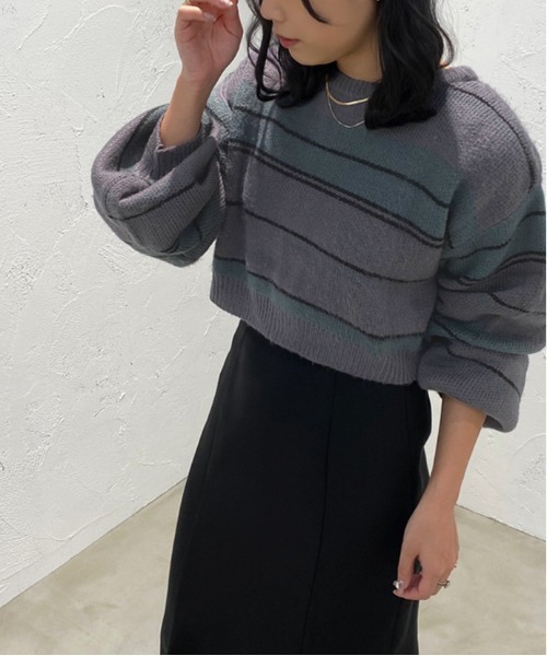apres jour mignon(アプレジュールミニョン)の「2WAYマルチボーダーニット【ZOZOTOWN限定アイテム】(ニット/セーター・レディース・ダークグリーン/マスタード/パープル系その他/オレンジ系その他・X-LARGE/フリー)」の5枚目の写真