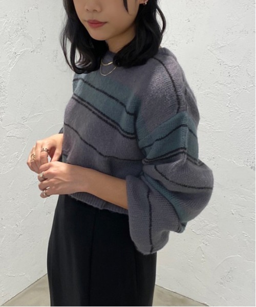 apres jour mignon(アプレジュールミニョン)の「2WAYマルチボーダーニット【ZOZOTOWN限定アイテム】(ニット/セーター・レディース・ダークグリーン/マスタード/パープル系その他/オレンジ系その他・X-LARGE/フリー)」の6枚目の写真