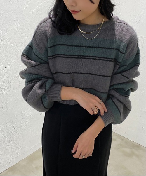 apres jour mignon(アプレジュールミニョン)の「2WAYマルチボーダーニット【ZOZOTOWN限定アイテム】(ニット/セーター・レディース・ダークグリーン/マスタード/パープル系その他/オレンジ系その他・X-LARGE/フリー)」の7枚目の写真