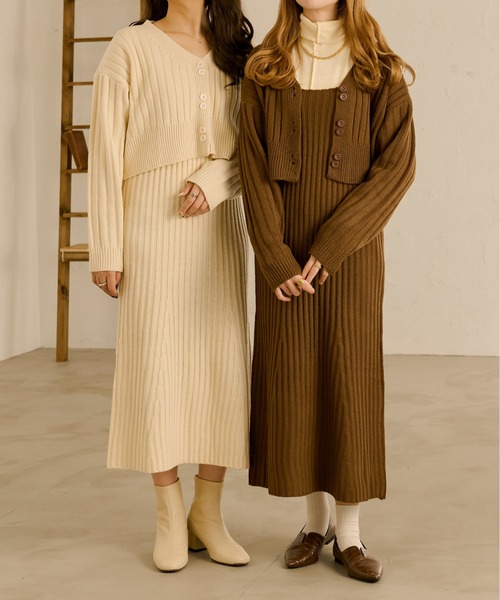 Ambre Neige(アンブルネージュ)の「ニットワンピ+カーデセット/【WEB/EC限定商品】(カーディガン/ボレロ・レディース・ダークブラウン/アイボリー・FREE)」の5枚目の写真