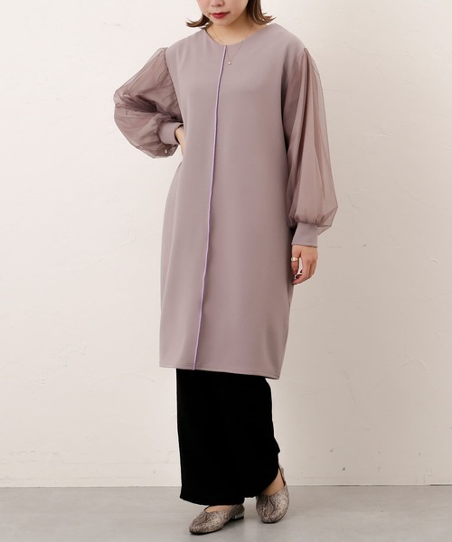 Thevon(ゼボン)の「袖チュールパイピングワンピース(チュニック・レディース・ブラック/アイボリー/グレイッシュベージュ・FREE)」の3枚目の写真