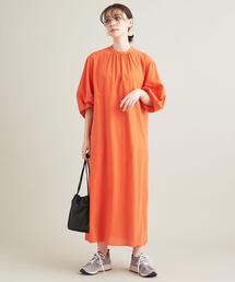 コットンボイルギャザーボリューム6分袖ワンピース -ウォッシャブル-