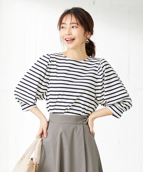 ANY SIS(エニィスィス)の「【洗える】パフスリーブボーダー カットソー(Tシャツ/カットソー・レディース・ベージュ系2/ライラック系2/ブラック系2・2)」の1枚目の写真