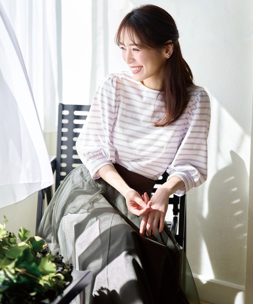 ANY SIS(エニィスィス)の「【洗える】パフスリーブボーダー カットソー(Tシャツ/カットソー・レディース・ベージュ系2/ライラック系2/ブラック系2・2)」の3枚目の写真