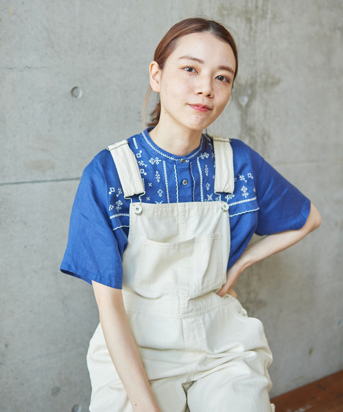 美品 パーリッシィ ハンカチ刺繍 リネンブラウス 半袖 ブルー 麻100% PAR ICI（パーリッシィ）の「ハンカチ刺繍 半袖リネンブラウス