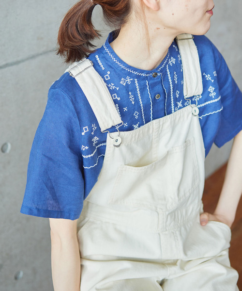 PAR ICI ハンカチ刺繍リネンブラウス カントリーシャツ 白