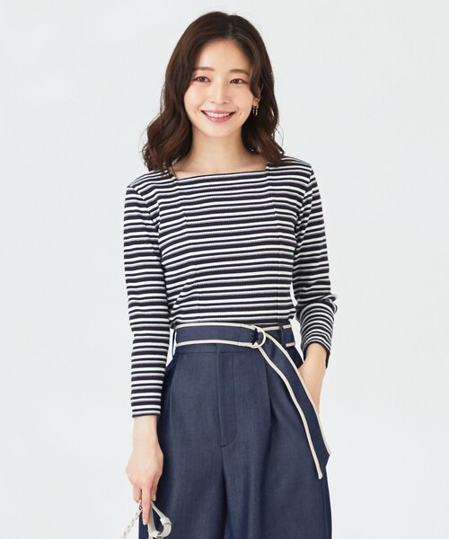 ANY SIS（エニィスィス）の「【前後着用可】マルチボーダー2WAYテレコ カットソー（Tシャツ/カットソー・レディース・モスグリーン系2/ネイビー系2/ピンク系2・2）」の2枚目の写真