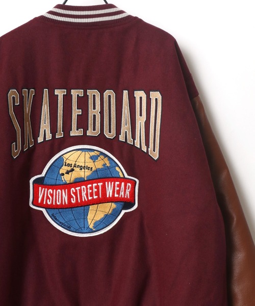 VISION STREET WEAR（ヴィジョンストリートウェア）の「VISION STREET WEAR/ヴィジョンストリートウエア ビッグシルエット メルトン ロゴ サガラ バック刺繍 ワッペン 袖PUレザー レディース メンズ スタジャン（スタジャン・メンズ・ブラック系その他2/ブルー系その他/ブラック/ダークグリーン/グリーン/グリーン系その他/ブラック系その他/バーガンディー・LL/L/M）」の8枚目の写真