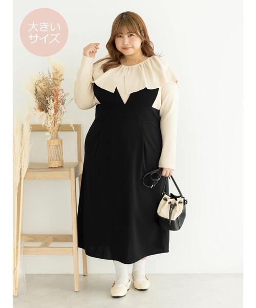 SLURR（スラ―）の「[大きいサイズ]Iラインジャンパースカート（ワンピース・レディース・ベージュ/ブラック・L）」の14枚目の写真