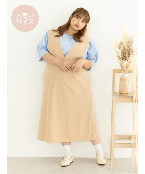 SLURR（スラ―）の「[大きいサイズ]Iラインジャンパースカート（ワンピース・レディース・ベージュ/ブラック・L）」の6枚目の写真