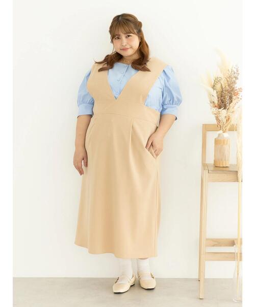 SLURR（スラ―）の「[大きいサイズ]Iラインジャンパースカート（ワンピース・レディース・ベージュ/ブラック・L）」の7枚目の写真