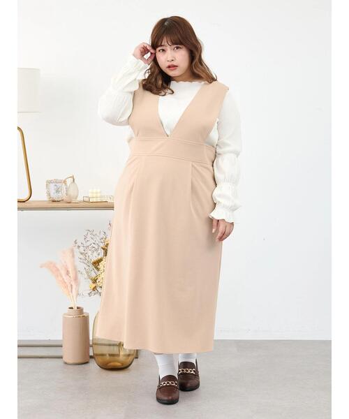 SLURR（スラ―）の「[大きいサイズ]Iラインジャンパースカート（ワンピース・レディース・ベージュ/ブラック・L）」の10枚目の写真