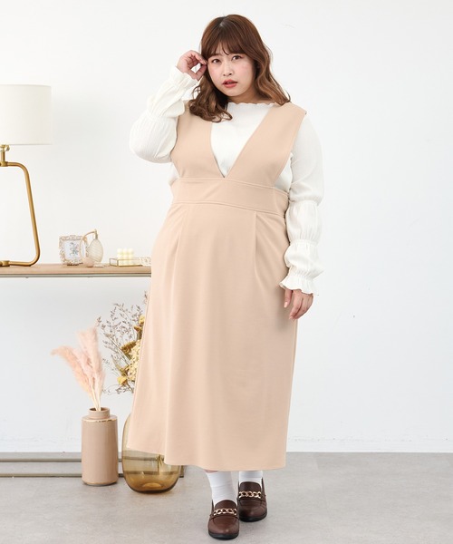 SLURR（スラ―）の「[大きいサイズ]Iラインジャンパースカート（ワンピース・レディース・ベージュ/ブラック・L）」の3枚目の写真