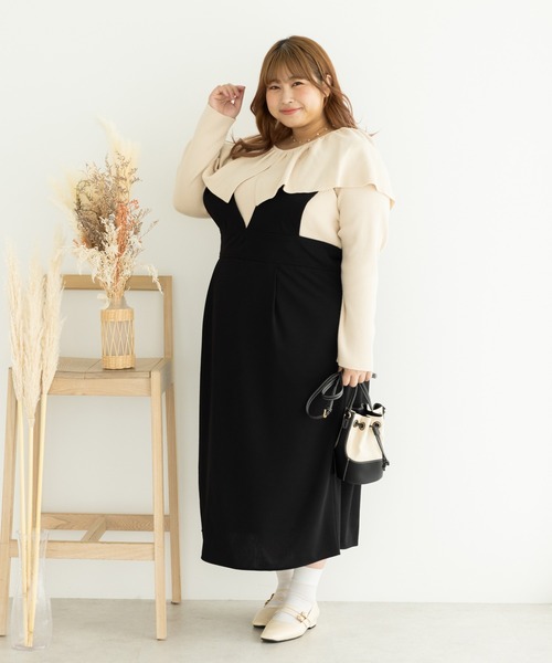 SLURR（スラ―）の「[大きいサイズ]Iラインジャンパースカート（ワンピース・レディース・ベージュ/ブラック・L）」の13枚目の写真