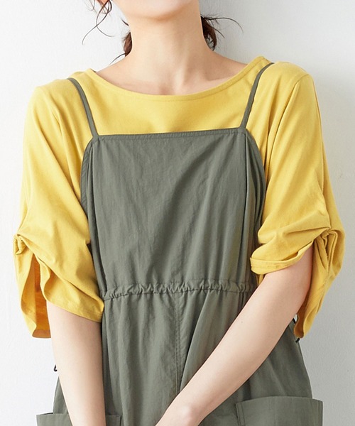 Viola e Viola(ヴィオラエヴィオラ)の「綿100%袖タックTシャツ(Tシャツ/カットソー・レディース・マスタード/ブラック/モカ/ピンクベージュ/オフホワイト/レンガ/ミント/ネイビー/チャコール/ブルー/グリーン/ダークラベンダー/ホワイト×ブラック/グレイッシュベージュ/イエロー/オリーブ・XXX-LARGE/X-LARGE/LARGE/XX-LARGE/MEDIUM/XXXX-LARGE)」の14枚目の写真
