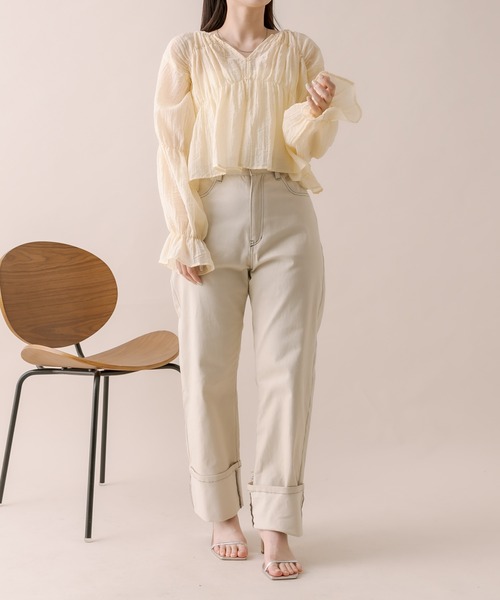 mline（エムライン）の「[mline]ロールアップステッチデニム（デニムパンツ・レディース・ブラック/ベージュ/ブルー・1/2）」の14枚目の写真